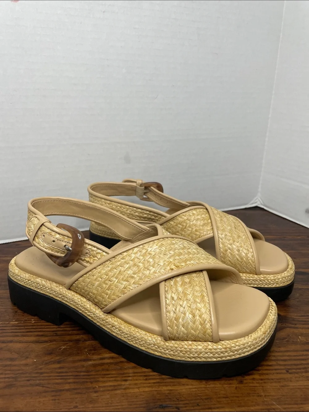 Vince Beige Woven Raffia Slingback Sandals with Black Lug Sole